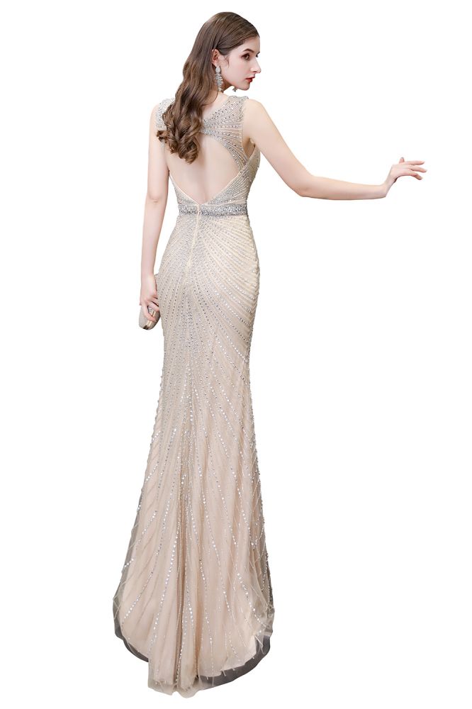 Stilvolles, tiefes, ärmelloses, mit Perlen verziertes, silbernes, schmales Meerjungfrau-Partykleid