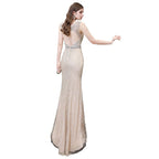 Stilvolles, tiefes, ärmelloses, mit Perlen verziertes, silbernes, schmales Meerjungfrau-Partykleid