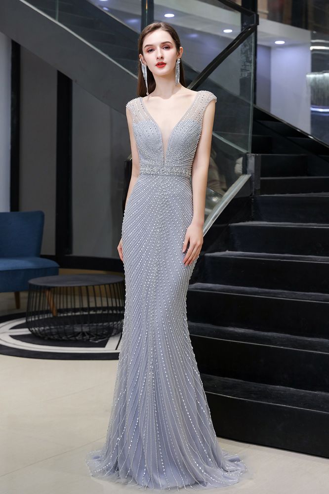 Stilvolles, tiefes, ärmelloses, mit Perlen verziertes, silbernes, schmales Meerjungfrau-Partykleid