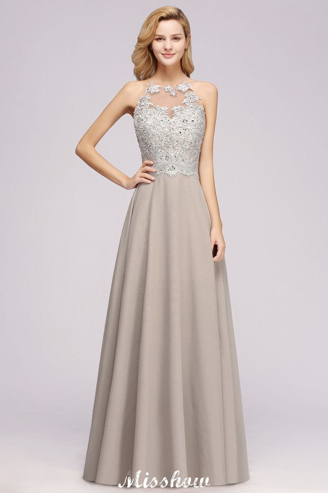 Vestido de fiesta de noche sin mangas con elegantes apliques florales, vestido largo de dama de honor de gasa plateada Aline