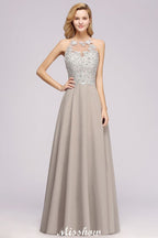 Vestido de fiesta de noche sin mangas con elegantes apliques florales, vestido largo de dama de honor de gasa plateada Aline
