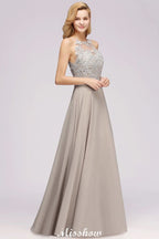 Vestido de fiesta de noche sin mangas con elegantes apliques florales, vestido largo de dama de honor de gasa plateada Aline
