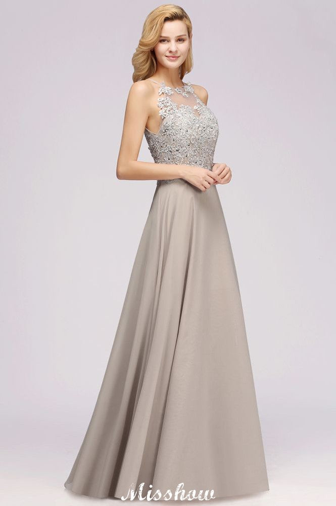 Vestido de fiesta de noche sin mangas con elegantes apliques florales, vestido largo de dama de honor de gasa plateada Aline
