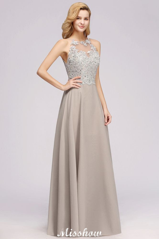 Vestido de fiesta de noche sin mangas con elegantes apliques florales, vestido largo de dama de honor de gasa plateada Aline