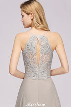 Vestido de fiesta de noche sin mangas con elegantes apliques florales, vestido largo de dama de honor de gasa plateada Aline