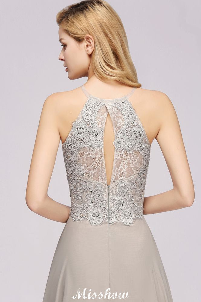 Vestido de fiesta de noche sin mangas con elegantes apliques florales, vestido largo de dama de honor de gasa plateada Aline