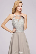 Vestido de fiesta de noche sin mangas con elegantes apliques florales, vestido largo de dama de honor de gasa plateada Aline