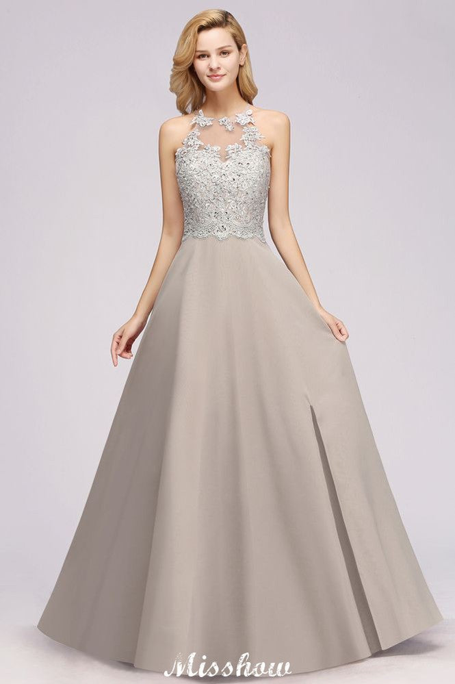 Vestido de fiesta de noche sin mangas con elegantes apliques florales, vestido largo de dama de honor de gasa plateada Aline