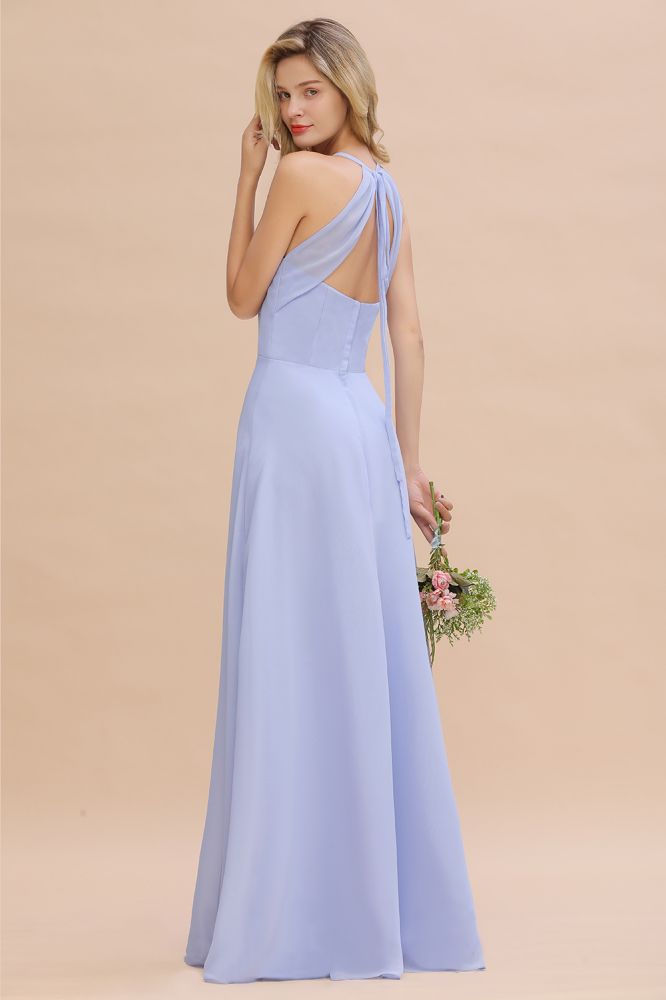 Elegante vestido de dama de honor con escote en V, sin mangas y largo hasta el suelo, corte A
