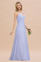 Elegante vestido de dama de honor con escote en V, sin mangas y largo hasta el suelo, corte A