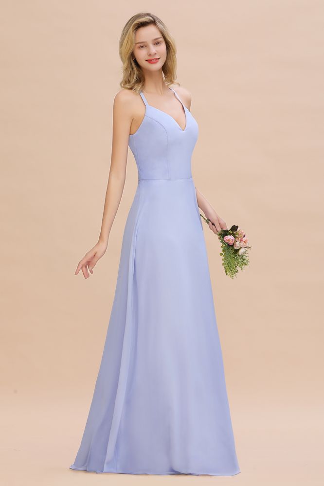 Elegante vestido de dama de honor con escote en V, sin mangas y largo hasta el suelo, corte A