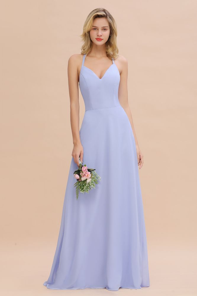Elegante vestido de dama de honor con escote en V, sin mangas y largo hasta el suelo, corte A