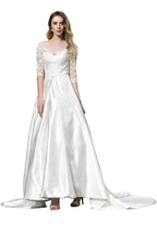 Stilvolles A-Linien-Brautkleid mit Spitzenapplikationen und halblangen Ärmeln, bodenlanges Satinkleid für die Braut