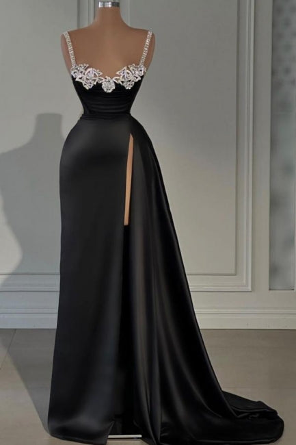 Stilvolles langes schwarzes ärmelloses A-Linien-Ballkleid aus Satin mit Schlitz vorne und Schmucksteinen