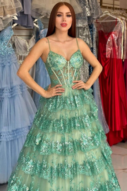 Stilvolles langes grünes A-Linien-Ballkleid mit Spaghettiträgern und Pailletten