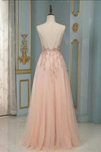Vestido largo de noche elegante con tirantes finos, escote en V y encaje floral, vestido de fiesta de tul sin mangas y vuelo