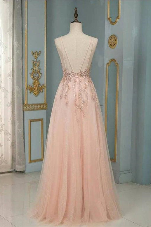 Vestido largo de noche elegante con tirantes finos, escote en V y encaje floral, vestido de fiesta de tul sin mangas y vuelo