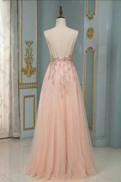 Stilvolles Maxi-Abendkleid mit Spaghettiträgern und V-Ausschnitt und floraler Spitze aus Tüll, ärmellos, schwingendes Ballkleid
