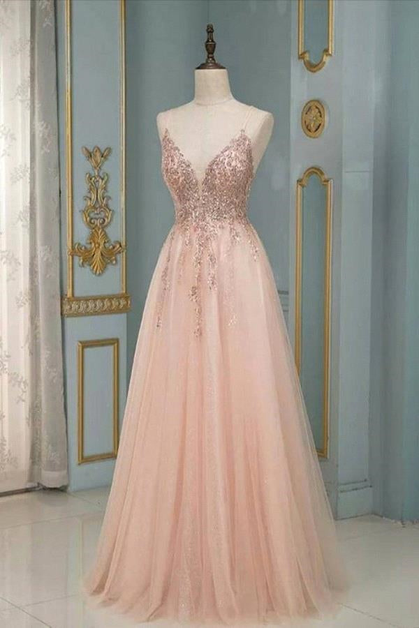Stilvolles Maxi-Abendkleid mit Spaghettiträgern und V-Ausschnitt und floraler Spitze aus Tüll, ärmellos, schwingendes Ballkleid