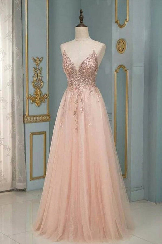 Stilvolles Maxi-Abendkleid mit Spaghettiträgern und V-Ausschnitt und floraler Spitze aus Tüll, ärmellos, schwingendes Ballkleid