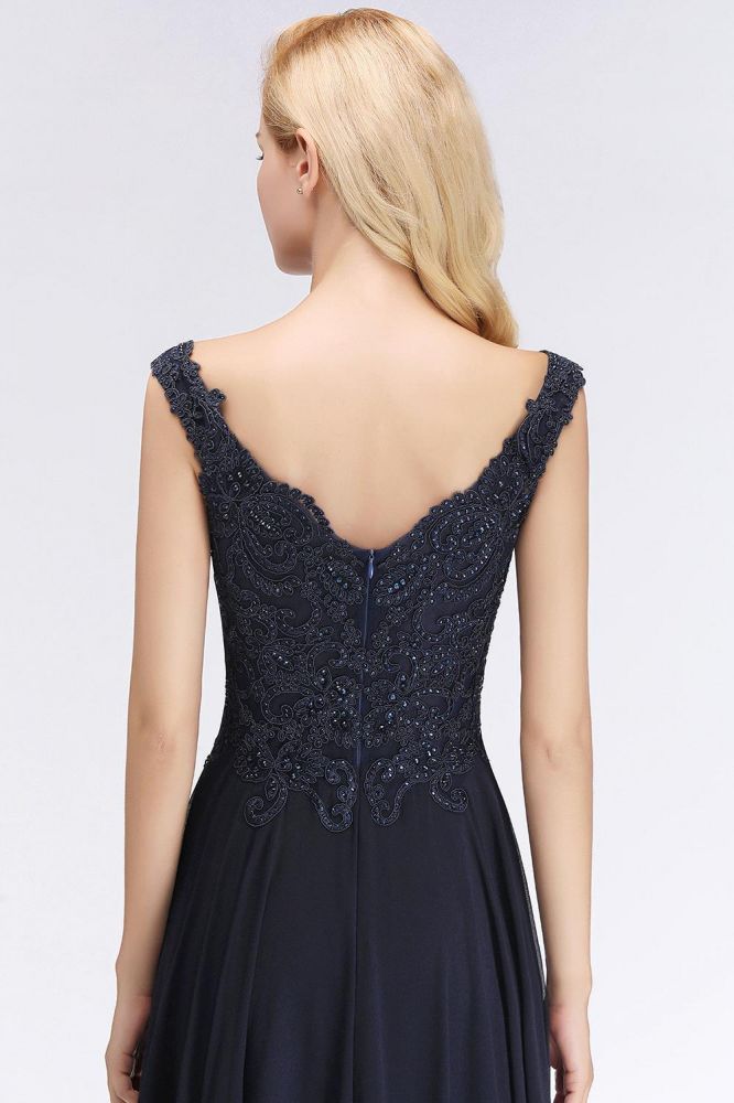 Stilvolle Träger Aline Perlen Abend Maxikleid Ärmellos V-Ausschnitt Hochzeitsgastkleid