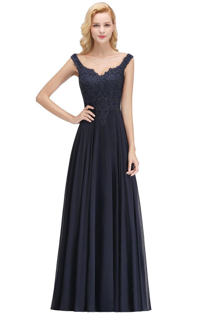 Vestido largo de noche con tirantes elegantes, corte Aline y cuentas, sin mangas, escote en V, para invitada de boda