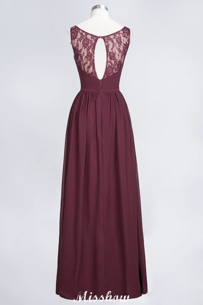 Elegante vestido de noche largo con escote en V y corte en A, de gasa, sin mangas, para dama de honor, color burdeos