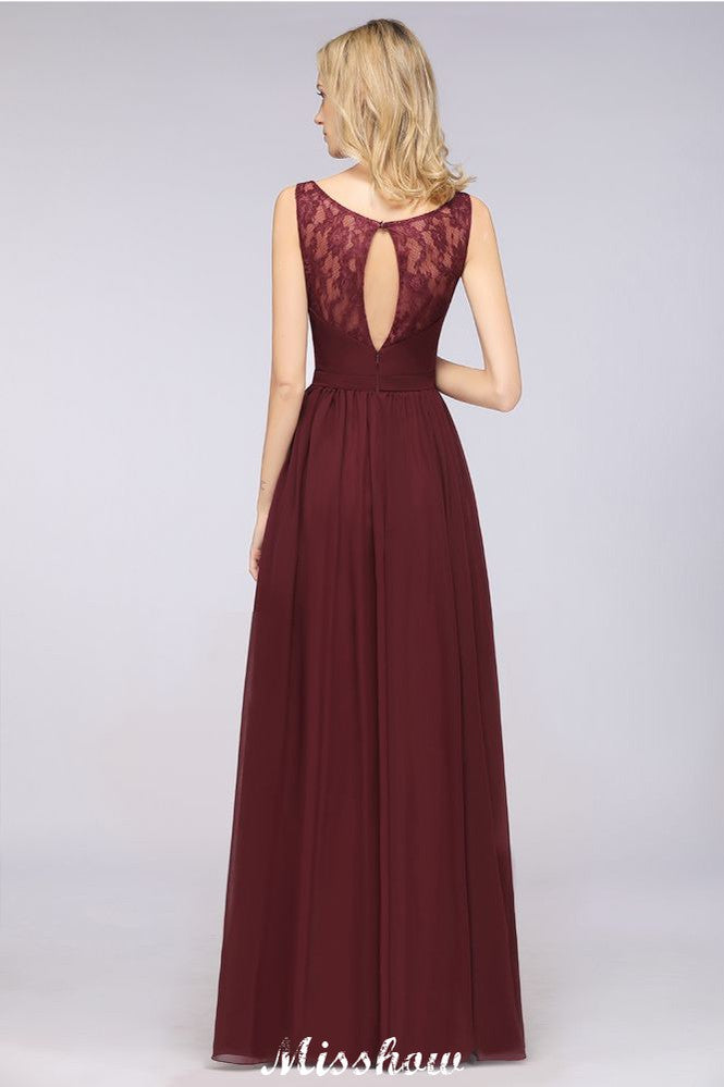 Elegante vestido de noche largo con escote en V y corte en A, de gasa, sin mangas, para dama de honor, color burdeos