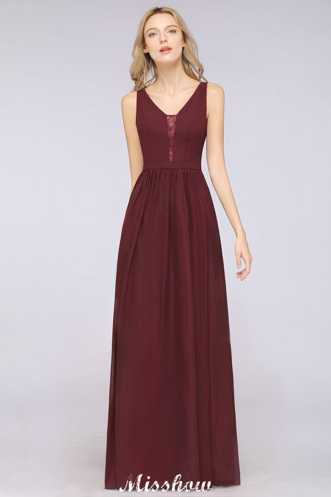 Elegante vestido de noche largo con escote en V y corte en A, de gasa, sin mangas, para dama de honor, color burdeos