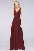 Elegante vestido de noche largo con escote en V y corte en A, de gasa, sin mangas, para dama de honor, color burdeos