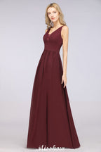 Elegante vestido de noche largo con escote en V y corte en A, de gasa, sin mangas, para dama de honor, color burdeos