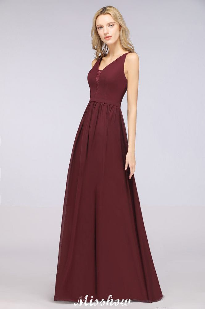 Elegante vestido de noche largo con escote en V y corte en A, de gasa, sin mangas, para dama de honor, color burdeos
