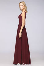 Elegante vestido de noche largo con escote en V y corte en A, de gasa, sin mangas, para dama de honor, color burdeos