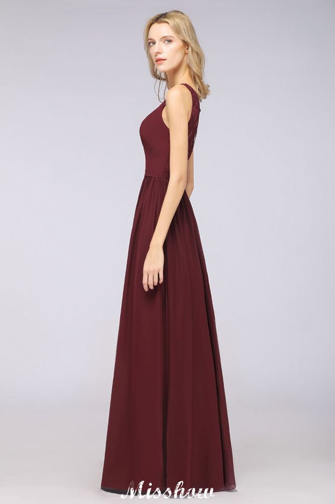 Elegante vestido de noche largo con escote en V y corte en A, de gasa, sin mangas, para dama de honor, color burdeos