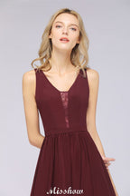 Elegante vestido de noche largo con escote en V y corte en A, de gasa, sin mangas, para dama de honor, color burdeos