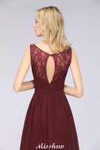 Elegante vestido de noche largo con escote en V y corte en A, de gasa, sin mangas, para dama de honor, color burdeos