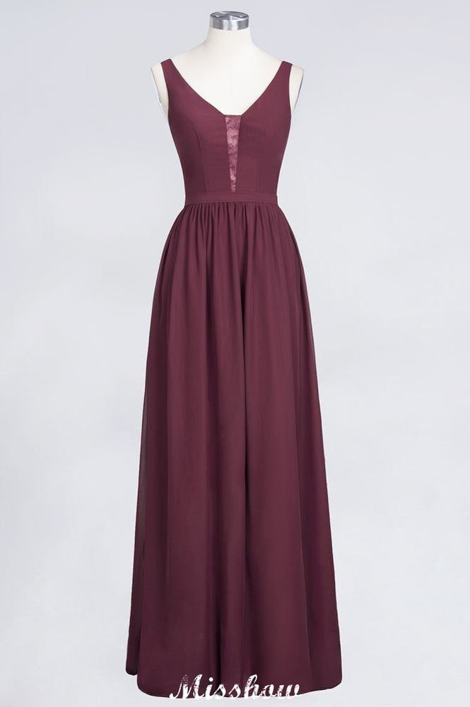 Elegante vestido de noche largo con escote en V y corte en A, de gasa, sin mangas, para dama de honor, color burdeos