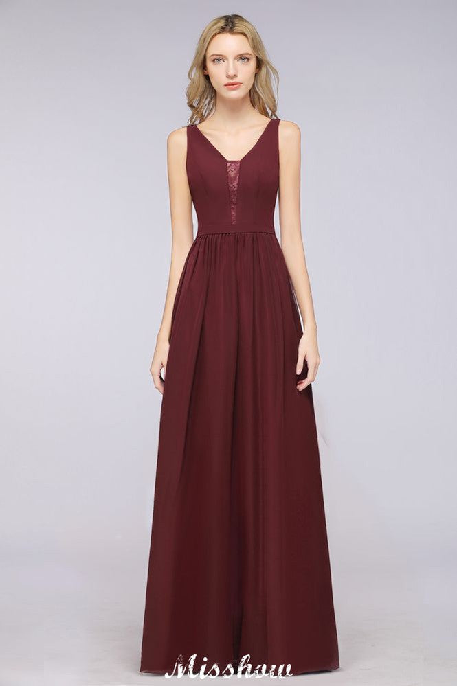 Elegante vestido de noche largo con escote en V y corte en A, de gasa, sin mangas, para dama de honor, color burdeos