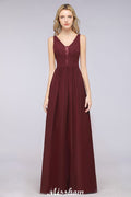 Elegante vestido de noche largo con escote en V y corte en A, de gasa, sin mangas, para dama de honor, color burdeos