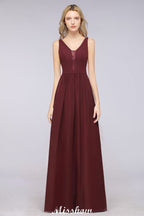 Elegante vestido de noche largo con escote en V y corte en A, de gasa, sin mangas, para dama de honor, color burdeos