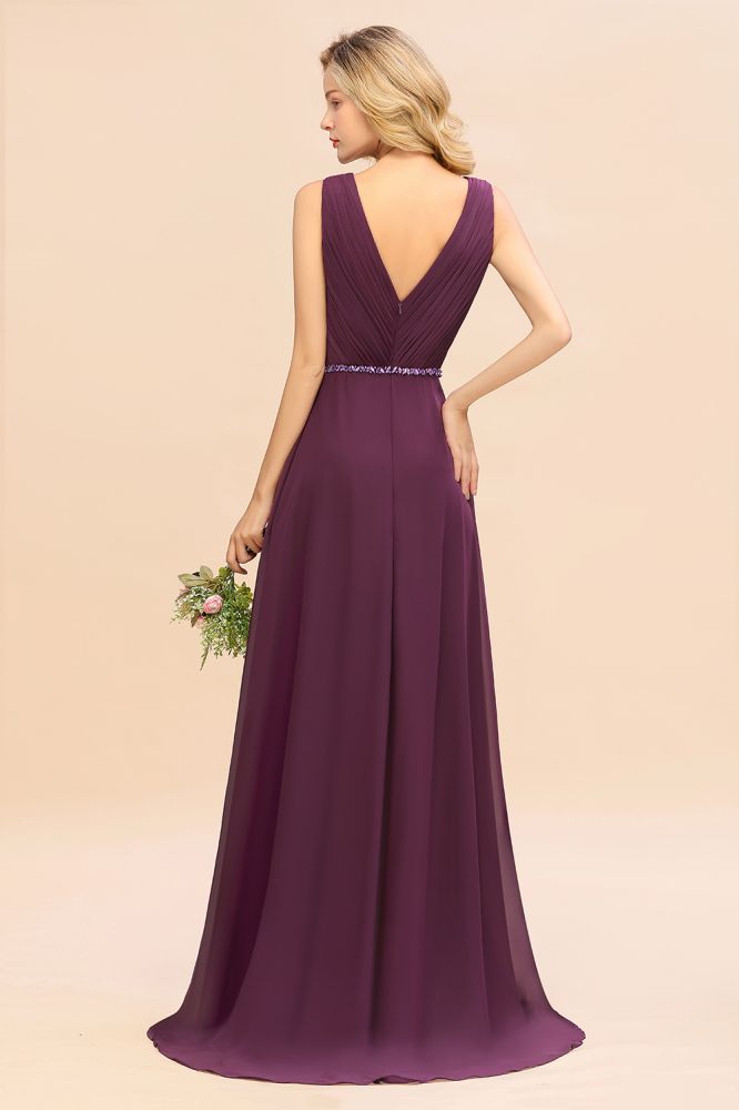 Vestido de fiesta elegante con escote en V, corte A, de gasa y cuentas para dama de honor