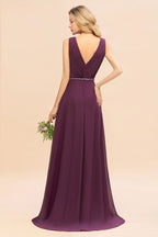 Vestido de fiesta elegante con escote en V, corte A, de gasa y cuentas para dama de honor