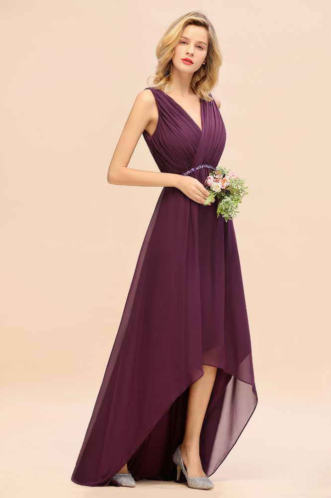 Vestido de fiesta elegante con escote en V, corte A, de gasa y cuentas para dama de honor