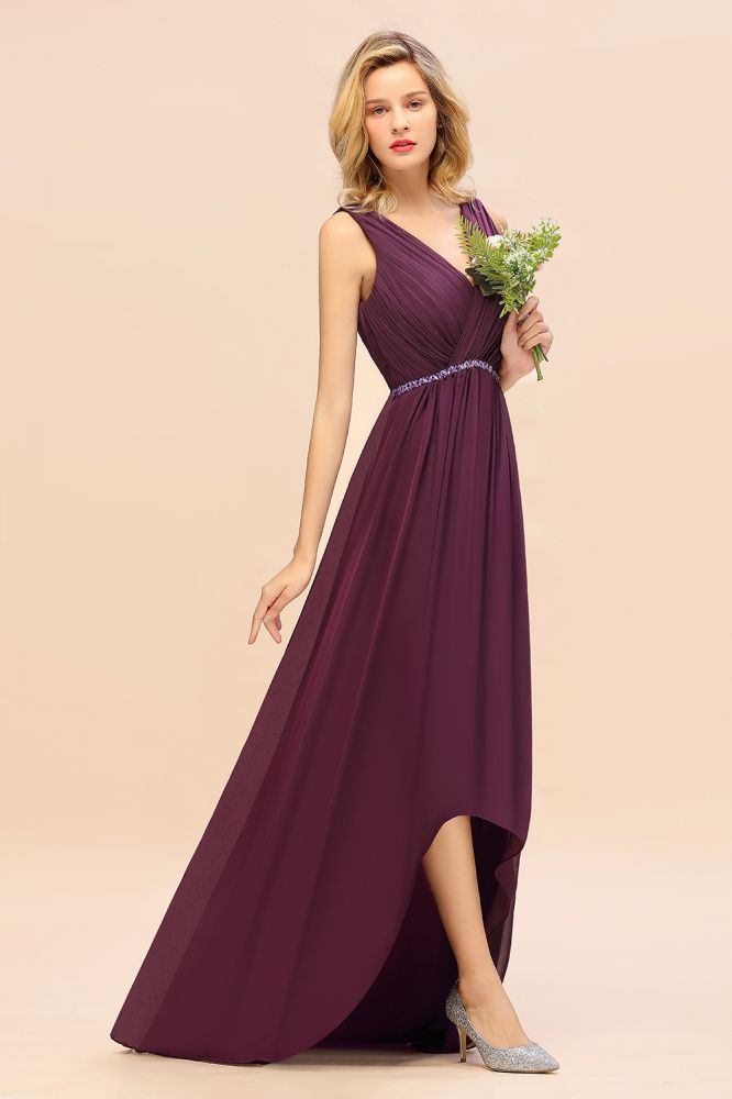 Vestido de fiesta elegante con escote en V, corte A, de gasa y cuentas para dama de honor
