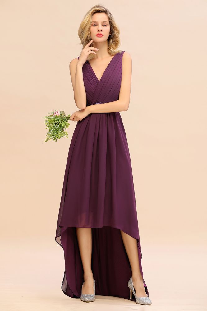 Vestido de fiesta elegante con escote en V, corte A, de gasa y cuentas para dama de honor