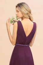Vestido de fiesta elegante con escote en V, corte A, de gasa y cuentas para dama de honor
