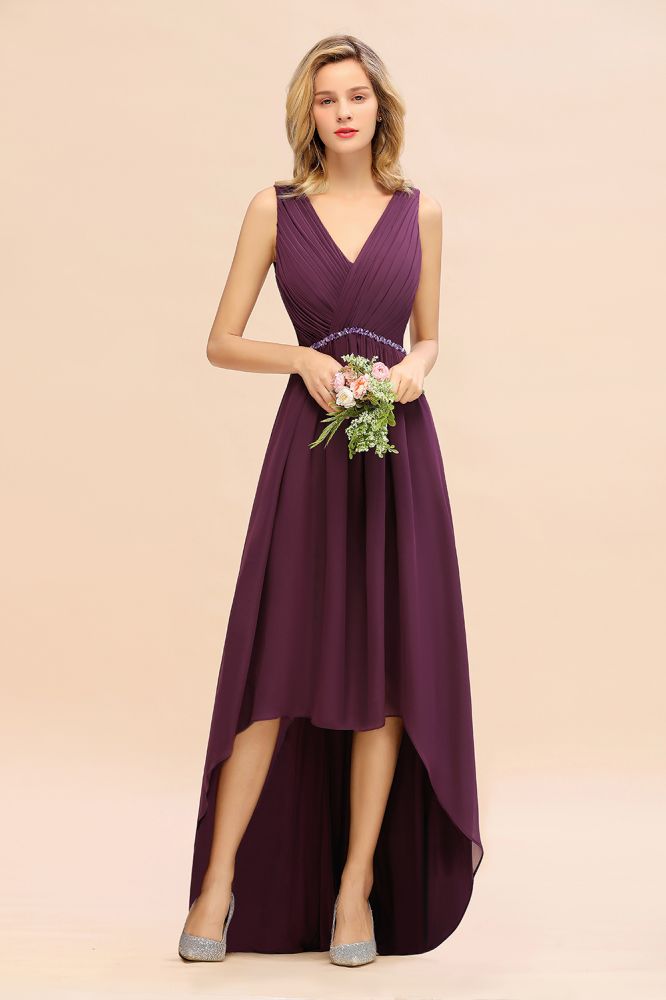 Vestido de fiesta elegante con escote en V, corte A, de gasa y cuentas para dama de honor