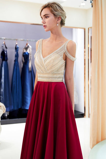 Stilvolles ärmelloses Abendkleid in A-Linie mit V-Ausschnitt und Kristallperlen in Burgunderrot