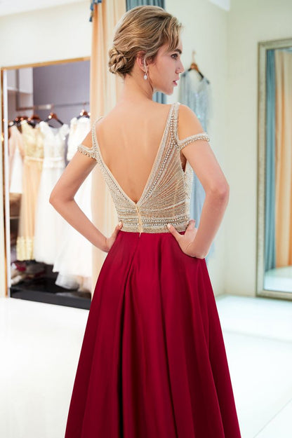 Stilvolles ärmelloses Abendkleid in A-Linie mit V-Ausschnitt und Kristallperlen in Burgunderrot