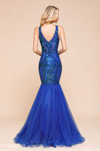 Elegante vestido de fiesta de sirena con escote en V, lentejuelas brillantes, sin mangas, largo hasta el suelo, vestido de noche fruncido